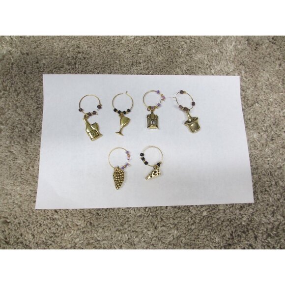 Wine-Themed Gold-Tone Drink & Food Charms Set Of 6 With Beaded Rings For Glass M - Picture 2 of 2